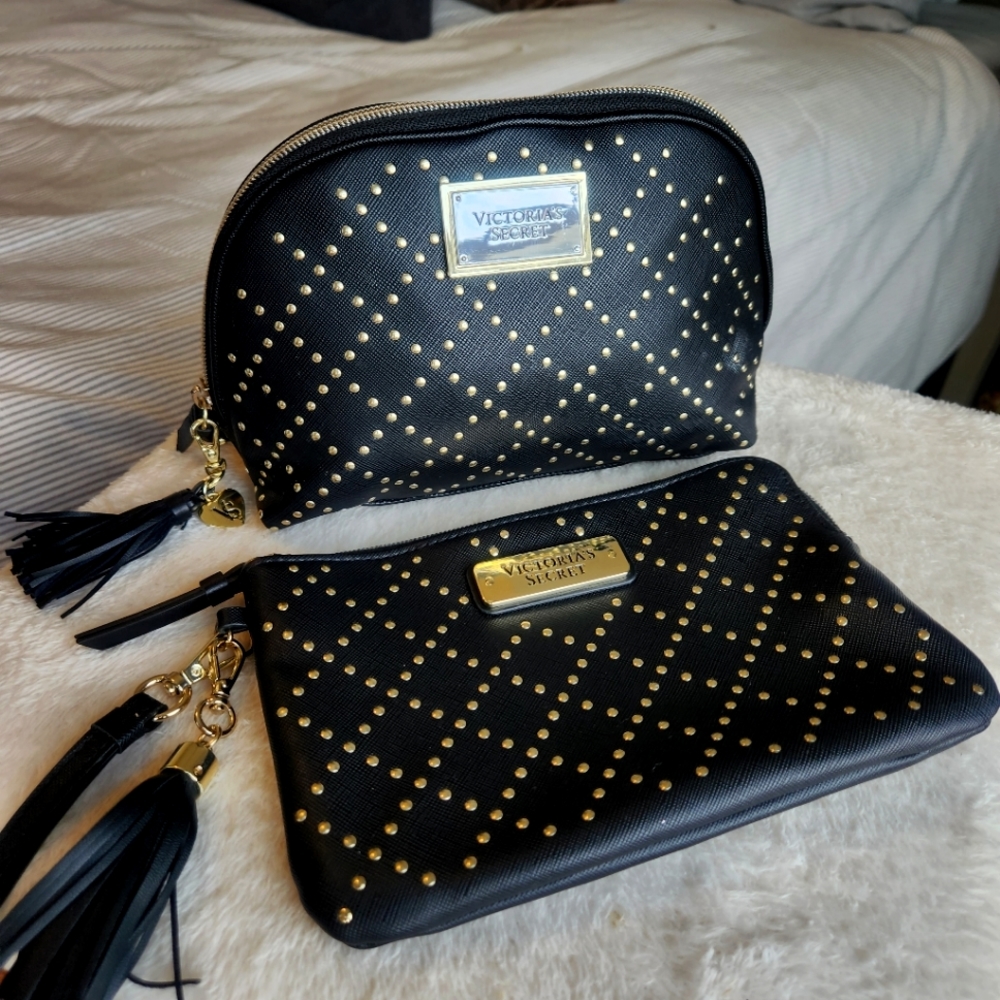 2 Pack! Victoria's Secret Studded Cosmetic Bag with matching Clutch Wristlet